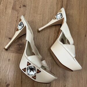 Casadei Ivory Platform Heels Crystal Embellished Italian Leather Size 10